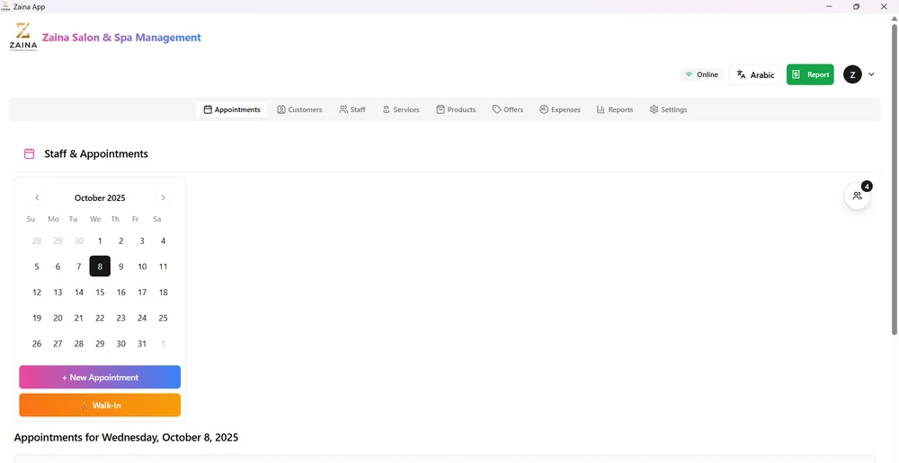 ZainaApp appointments calendar